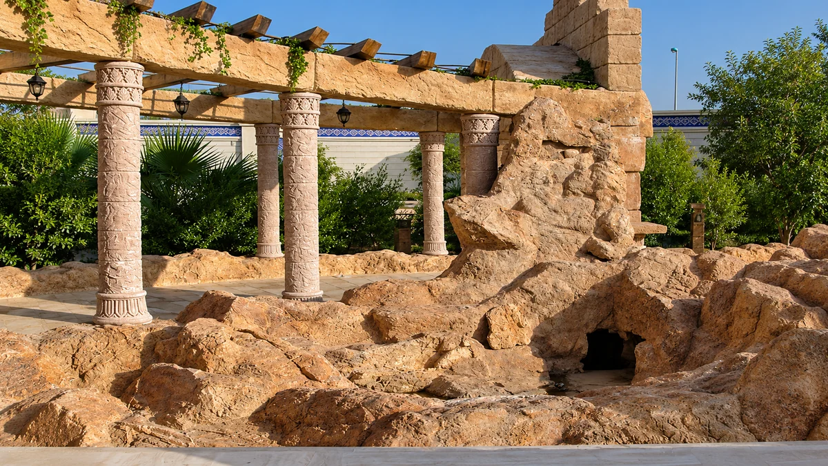 Carved stone columns and a sculpted artificial rock formation in a villa garden