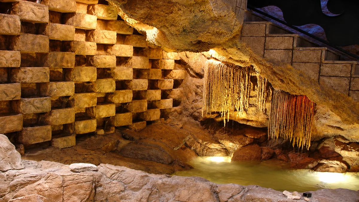 Interior grotto of sculpted rock with stalactites above a lit water pool