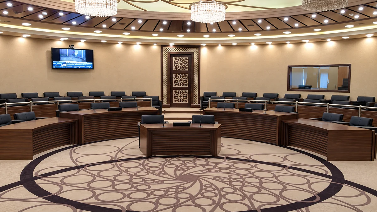 Circular model courtroom with tiered benches and an inlaid patterned floor