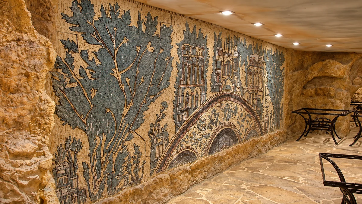 Large stone mosaic mural of trees and architecture on a rock-clad wall