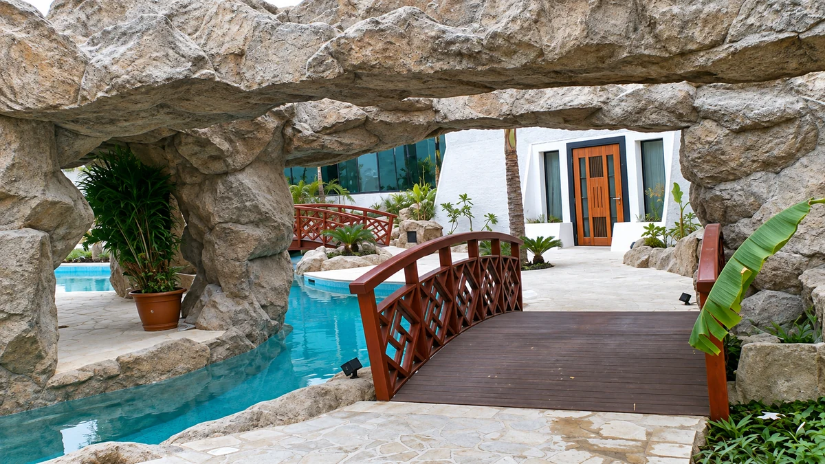 Sculpted rock archway framing a turquoise lagoon pool and red timber bridge