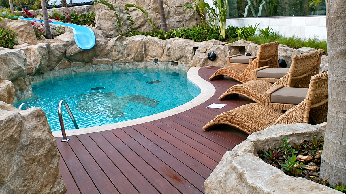 Swimming pool edged with sculpted rock, a water slide and a timber sun deck