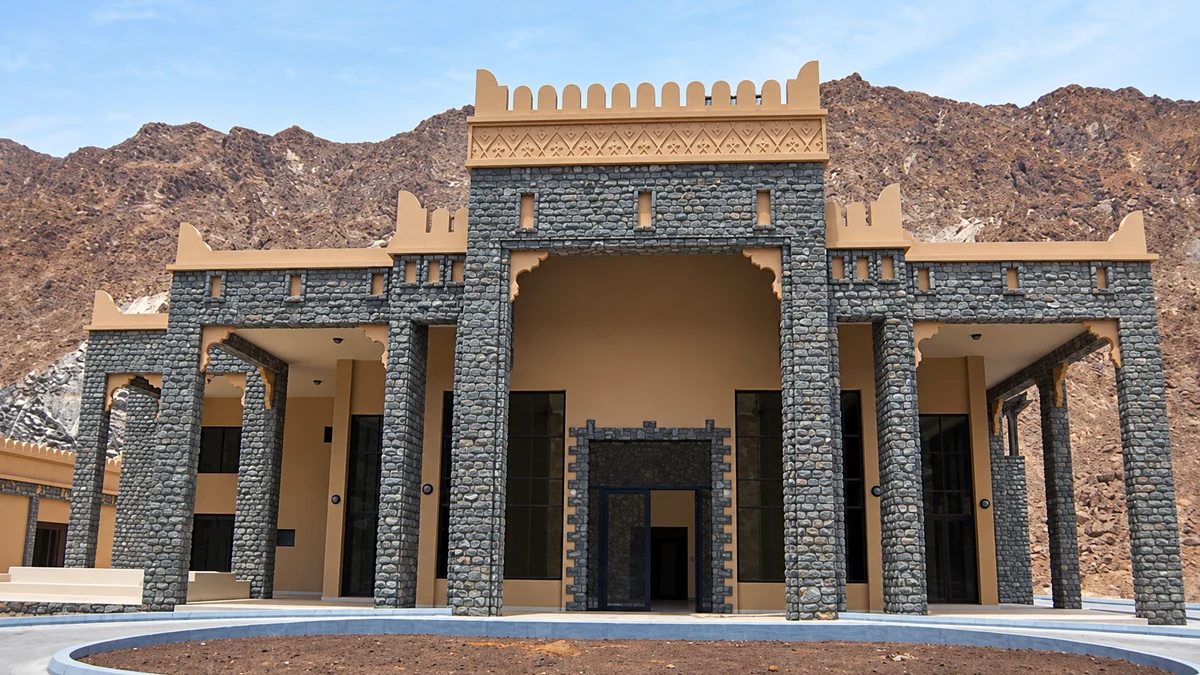Stone-clad majlis facade with a crenellated parapet set against mountains