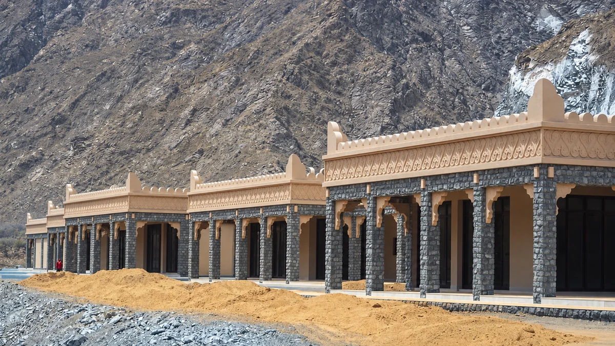 Long stone-clad colonnade with carved arches below a rocky mountainside