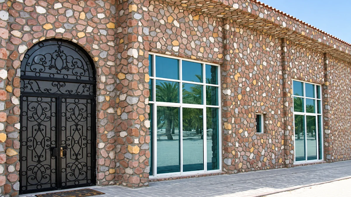 Arched wrought iron double door set into a river-stone clad facade